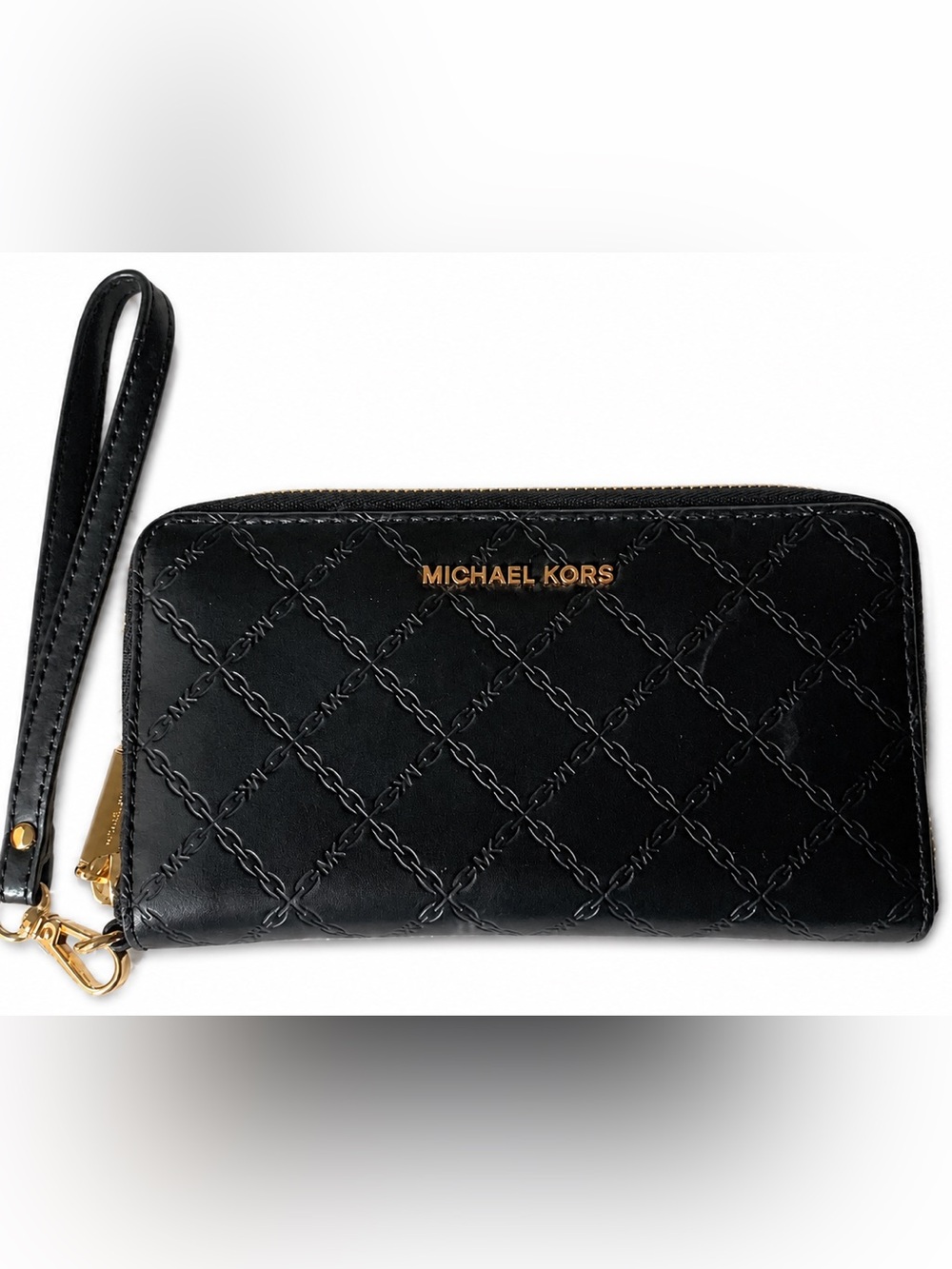 NWT Michael Kors Black Leather Logo Wristlet Gold Hardware